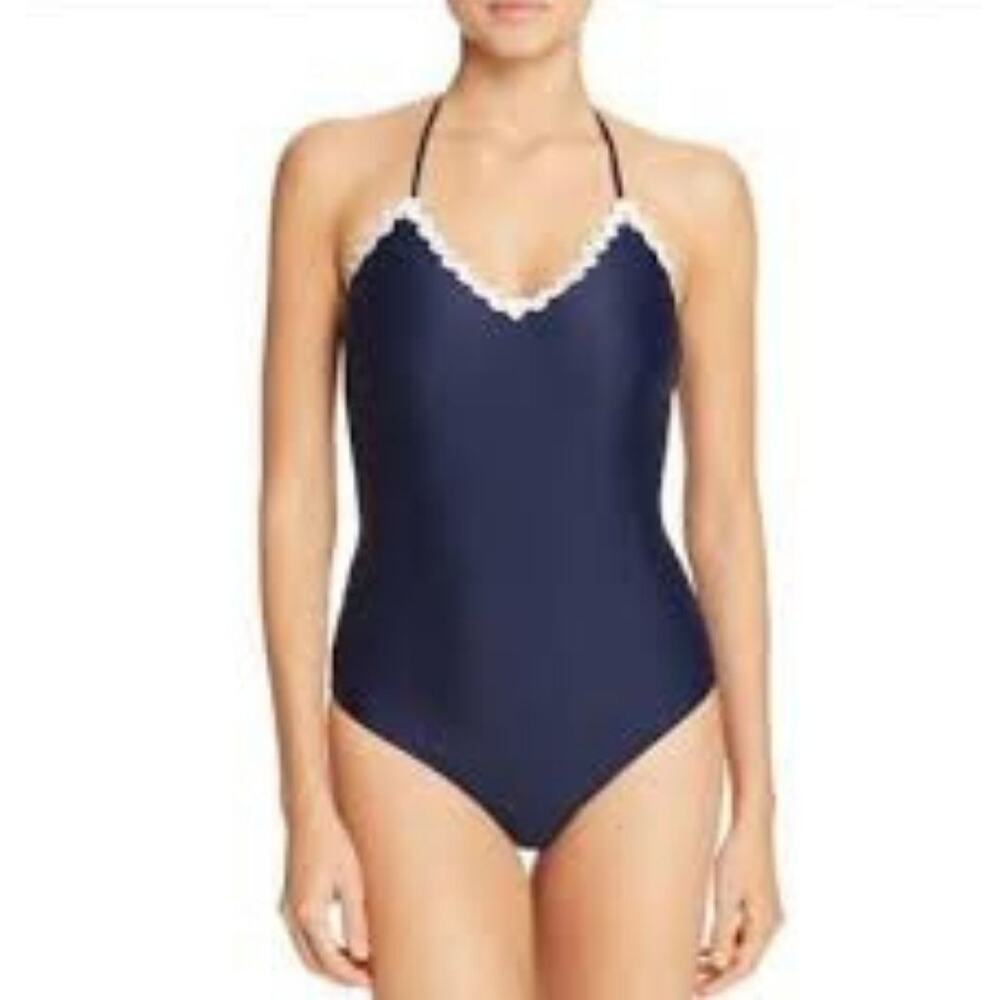 SHOSHANNA One Piece Swimsuit 10 Navy White Scalloped Halter Shelf Bra NWT